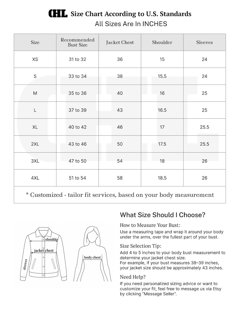 May include: A size chart in inches for jackets, with bust, chest, shoulder, and sleeve measurements. Includes a guide on how to measure your bust and select the correct jacket size. The chart is labeled "Size Chart According to U.S. Standards."