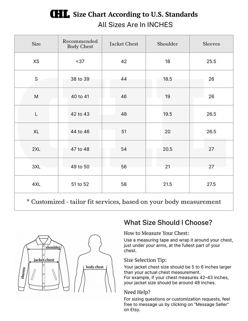 K&ouml;nnte beinhalten: Gr&ouml;&szlig;entabelle f&uuml;r Jacken in Zoll. Enth&auml;lt Gr&ouml;&szlig;en von XS bis 4XL, Brustumfang, Jackenbrustumfang, Schulter- und &Auml;rmelma&szlig;e. Bietet Anweisungen zur Brustmessung und Gr&ouml;&szlig;enauswahl.