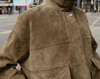 Vintage Inspired Suede Leather Bomber Jacket 90s Retro Style