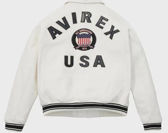 Chaqueta bomber universitaria de cuero blanco: ropa urbana inspirada en Avirex USA, chaqueta retro de los 90, chaqueta bomber americana para hombre y mujer.