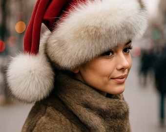 May include: A red Santa hat with a white fur trim and pom-pom. The hat is worn with a brown fur coat. The image is taken outdoors with a blurred background.