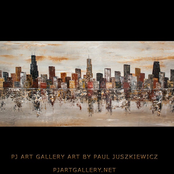 Enormous Chicago City Scape Skyline Knife Abstract by Paul Juszkiewicz 60"x24" brown cognac gray - READY TO SHIP