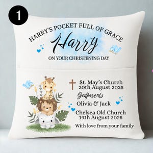 Personalised Christening Cushion with Pocket – Baptism Gift for Baby Girl or Boy – Custom Name and Date Pillow – Soft Keepsake for Godchild
