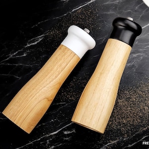 Scandinavian Solid Wood Salt and Pepper Grinder – 8-inch Black & White Spice Mill | Adjustable Ceramic Mechanism | Elegant Kitchen Gift