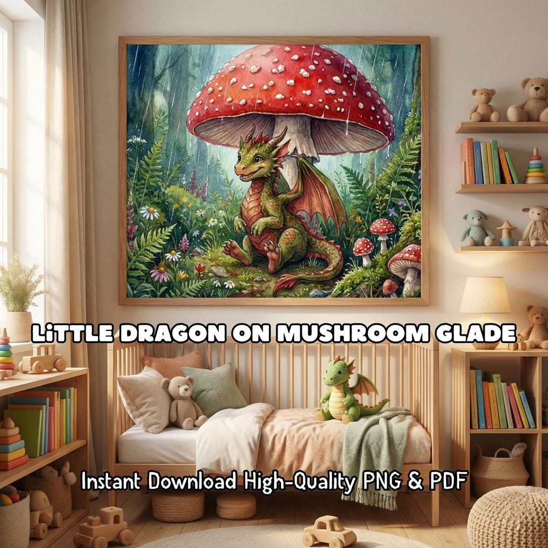 Watercolor Baby Dragon Print Nursery Wall Art Fantasy Decor Mushroom ...