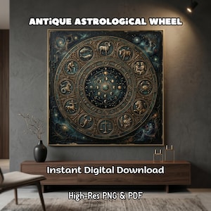 May include: An antique astrological wheel print with zodiac symbols in a circular design. The artwork features a dark blue and gold color scheme, with the text "Antique Astrological Wheel", "Instant Digital Download", and "High-Res PNG & PDF".