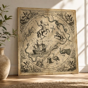 May include: A vintage-style square print of a celestial map, featuring zodiac constellations, mythical figures, and a sailing ship. The map is in sepia tones with intricate illustrations and text, framed by a decorative border.