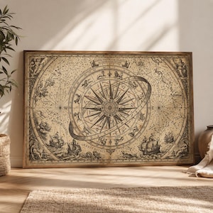 Könnte beinhalten: Eine gerahmte Vintage-Seekarte mit einem Kompassrosen-Design, Tierkreiszeichen und Himmelsillustrationen. Die Karte trägt den Text "MAPPA NAUTICA & CELESTIUM AD USUM NAVIGANTIUM". Der Rahmen ist aus Holz.