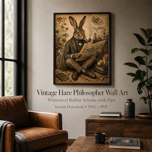 Vintage Hare Philosopher Wall Art Printable Rabbit Scholar Pipe Portrait Dark Academia PNG PDF Instant Download Moody Study Decor Library