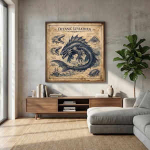 May include: A framed print titled "Oceanic Leviathan" featuring a detailed illustration of a sea monster in shades of blue. The artwork includes anatomical diagrams and a ship, set against a vintage-style background. The frame is a dark brown color.