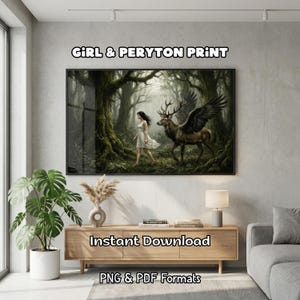 Dark Academia Väggkonst Fantasi Skog Tryck Bevingad Hjort Poster Peryton Mytologi Stämningsfull Gotisk Rumsinredning Vintage Oljemålning PNG PDF
