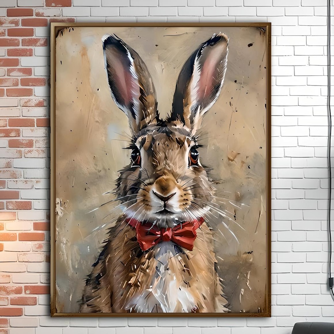 Rustic Print Rabbit Vintage Rabbit Wall Art Printable Bunny With Bow Tie Woodland Animal ...