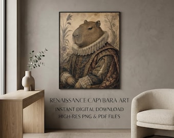 Renaissance Capybara Art Print Funny Animal Portrait Vintage Maximalist Wall Decor Digital Download Quirky Poster Aesthetic Room Humor