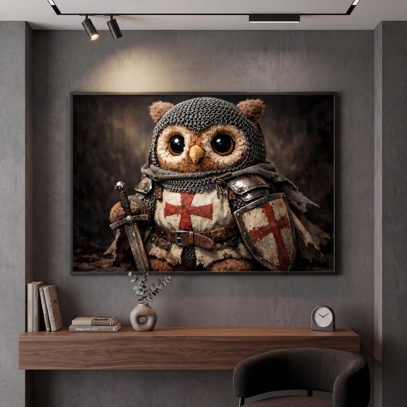 Cute Owl Knight Poster Medieval Templar Bird Wall Art Dark Academia ...