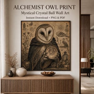 Alchemist Owl Print Mystical Crystal Ball Wall Art Vintage Gothic Celestial Witchy Occult Decor Dark Academia Instant Download PNG PDF