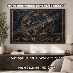 May include: A vintage-style wall art print featuring a Northern Hemisphere star map. The artwork has a dark blue background with gold accents and illustrations of constellations. The text "NORTHERN HEMISPHERE STAR MAP" and "Vintage Celestial Wall Art Print" are displayed.