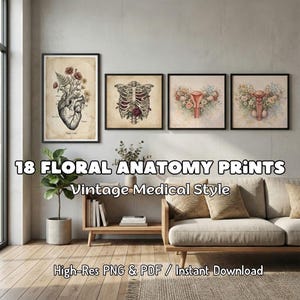 May include: A set of four framed vintage-style anatomy prints. The prints feature floral designs integrated with anatomical illustrations of the heart, rib cage, and reproductive systems. The text on the image reads "18 FLORAL ANATOMY PRINTS Vintage Medical Style".