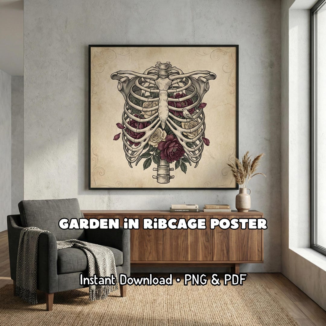 Floral Anatomy Ribcage Art Dark Academia Decor Vintage Skeleton Print ...