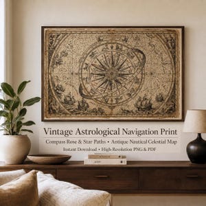 May include: A framed vintage astrological navigation print. The print features a compass rose, star paths, and an antique nautical celestial map. The text on the print reads "Vintage Astrological Navigation Print" and "Compass Rose & Star Paths".