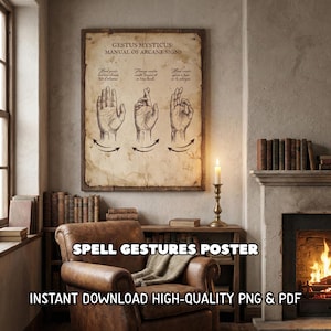 Może przedstawiać: Oprawiony plakat z tekstem "GESTUS MYSTICUS: MANUAL OF ARCANE SIGNS" i ilustracjami gestów dłoni. Poniżej tekst "SPELL GESTURES POSTER". Scena obejmuje skórzany fotel i kominek.