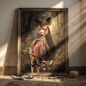 Vintage Okapi Poster Dark Academia Exotic Animal Wall Art Moody Jungle Wildlife Print Victorian Botanical Decor Museum Quality Home Gift