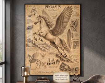 Vintage Pegasus Anatomy Poster Mythical Creature Art Greek Mythology Digital Download Dark Academia Decor Fantasy Animal Sketch Study Flight