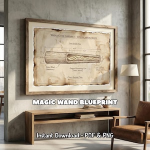 Könnte beinhalten: Ein gerahmter Bauplan eines Zauberstabs mit detaillierten Querschnittsansichten und Spezifikationen. Das Design umfasst Holunderholz und Drachenherz-Kern, mit Maßen in cm. Der Text "MAGIC WAND BLUEPRINT" wird darunter angezeigt.