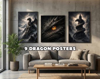 Set of 9 Dragon Wall Art Fantasy Print Digital Download Dnd Room Decor Mythical Creature Poster Boys Bedroom Gothic Home Epic Monster