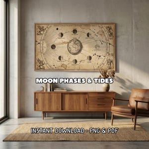 May include: A framed vintage print showing moon phases and tides, with a central globe illustration. The print hangs above a wooden cabinet, with a rug and leather chair in the room. The text "MOON PHASES & TIDES" is visible.