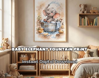 Watercolor Baby Elephant Bath Print Nursery Wall Art Kids Bathroom ...