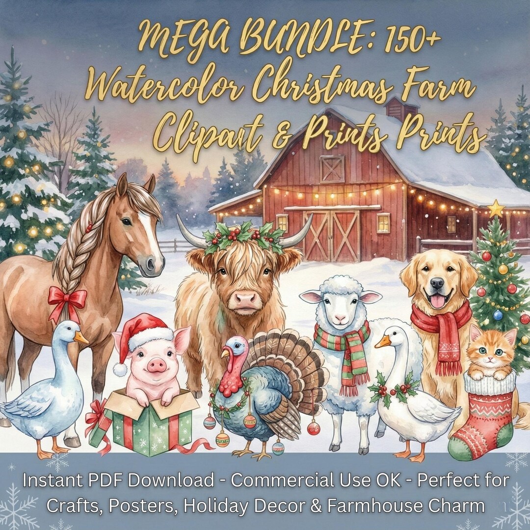 MEGA Watercolor Christmas Farm Animals Clipart Bundle 150 Plus Digital ...