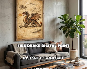Fire Drake Dragon Anatomy Vintage Poster Fantasy Wall Art Mythical ...