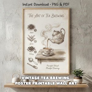 Może przedstawiać: Plakat w stylu vintage o parzeniu herbaty, drukowana grafika ścienna. Ilustracja przedstawia czajniczek wlewający herbatę do filiżanki, z ilustracjami różnych rodzajów herbaty. Plakat jest oprawiony w jasnobrązową drewnianą ramę. Widoczny jest również tekst "Vintage Tea Brewing Poster Printable Wall Art".