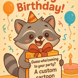 Cartão de aniversário engraçado personalizado com desenho animado, ilustração personalizada, design de animal fofo, arte digital para impressão, presente exclusivo JPG PNG PDF