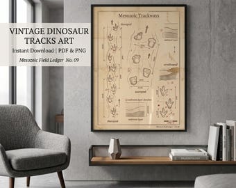 Vintage Dinosaur Tracks Art Print Mesozoic Paleontology Poster Boy Nursery Decor Science Wall Graphic Instant Download Digital PDF PNG