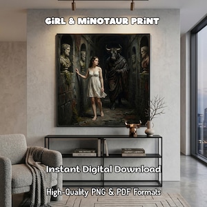 Könnte beinhalten: Ein gerahmter Druck mit dem Titel "GIRL & MINOTAUR PRINT" zeigt eine Frau in einem weißen Kleid, die auf einen Minotaurus in einem dunklen Korridor zugeht. Der Druck enthält den Text "Instant Digital Download" und "High-Quality PNG & PDF Formats".
