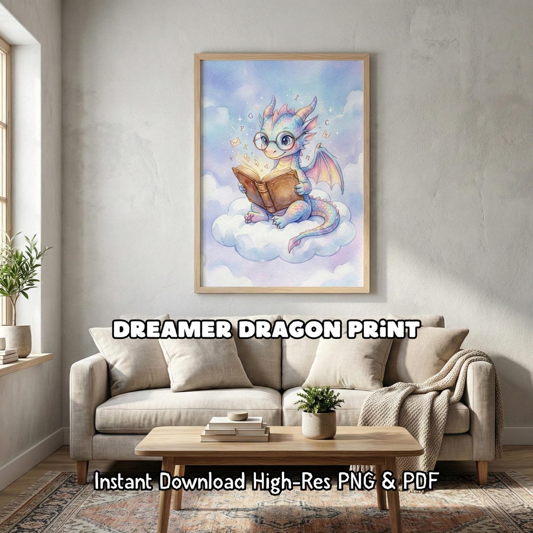 Watercolor Dragon Nursery Wall Art Reading Corner Decor Kids Room Cute ...