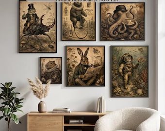 Set Of 9 Unusual Animal Prints Vintage Quirky Victorian Wall Art Dark Academia Antique Posters Digital Download Printable Room Decor
