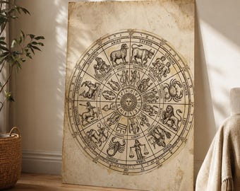 Great Zodiac Wheel Poster Vintage Style Astrology Wall Art Celestial Chart Print Horoscope Decor Esoteric Gift Museum Home Matte Paper