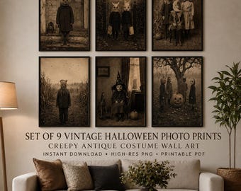 Vintage Halloween Photo Set of 9 Creepy Children Costumes Antique Gothic Wall Art Spooky Victorian Gallery Decor Digital Download PNG PDF