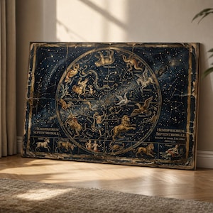 May include: A vintage-style framed print of a celestial map. The artwork features a dark blue background with gold illustrations of constellations, zodiac signs, and celestial figures. The print is rectangular and has a distressed, aged appearance.