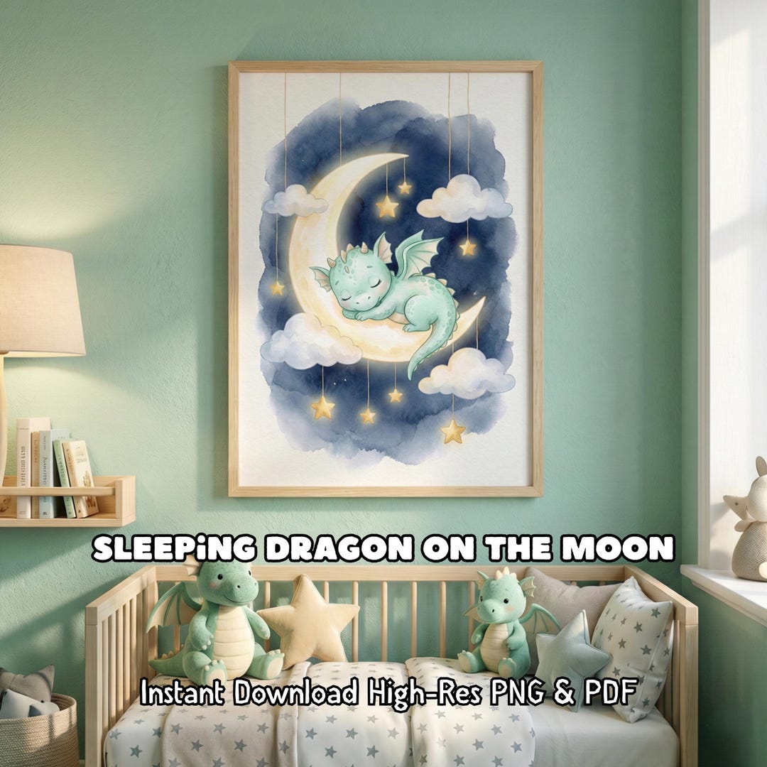 Baby Dragon Nursery Wall Art Sleeping Dragon on Moon Print Fantasy ...