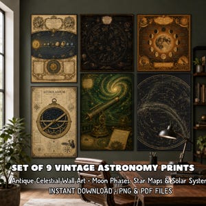 May include: Set of nine vintage astronomy prints featuring antique celestial wall art, moon phases, star maps, and solar systems. The prints are in various colors, including beige, brown, and dark blue. The text on the image reads "ASTROLABIUM" and "SET OF 9 VINTAGE ASTRONOMY PRINTS".