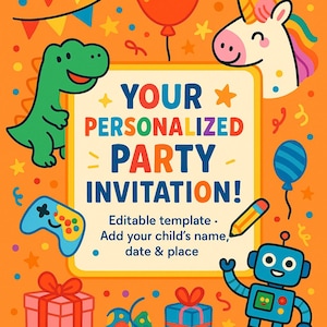 Convite personalizado para festa de aniversário infantil com desenho animado, engraçado, editável, colorido, personalizado, impressão, arquivo digital para comemoração infantil