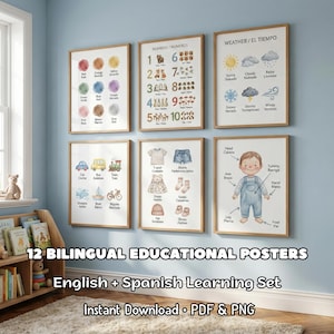 May include: A set of 12 bilingual educational posters in English and Spanish, featuring watercolor illustrations. The posters cover topics like colors, numbers, weather, and body parts. The text "12 BILINGUAL EDUCATIONAL POSTERS" is visible.