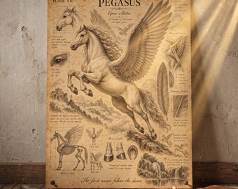Vintage Pegasus Anatomy Poster Mythical Creature Wall Art Dark Academia Room Decor Winged Horse Print Fantasy Sketch Antique Drawing