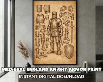 Medieval England Knight Armor Print Vintage Historical Illustration Antique Manuscript Wall Art Home Decor Digital Download PNG PDF