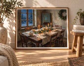 Christmas Dinner Table Art Print Vintage Style Candlelit Cottage Interior Unframed Matte Poster Rustic Farmhouse Dining Room Holiday Decor