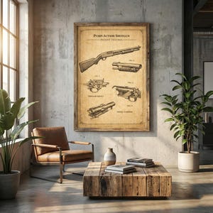 May include: A framed vintage print titled "PUMP-ACTION SHOTGUN PATENT FIGURES" with detailed diagrams of a shotgun and its components. The print is displayed in a room with a leather armchair, wooden coffee table, and potted plants.