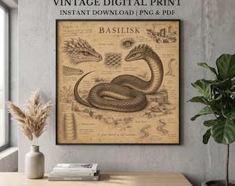 Basilisk Crowned Serpent Mythical Creature Art Vintage Scientific Illustration Dark Academia Decor Square Digital Print Instant Download